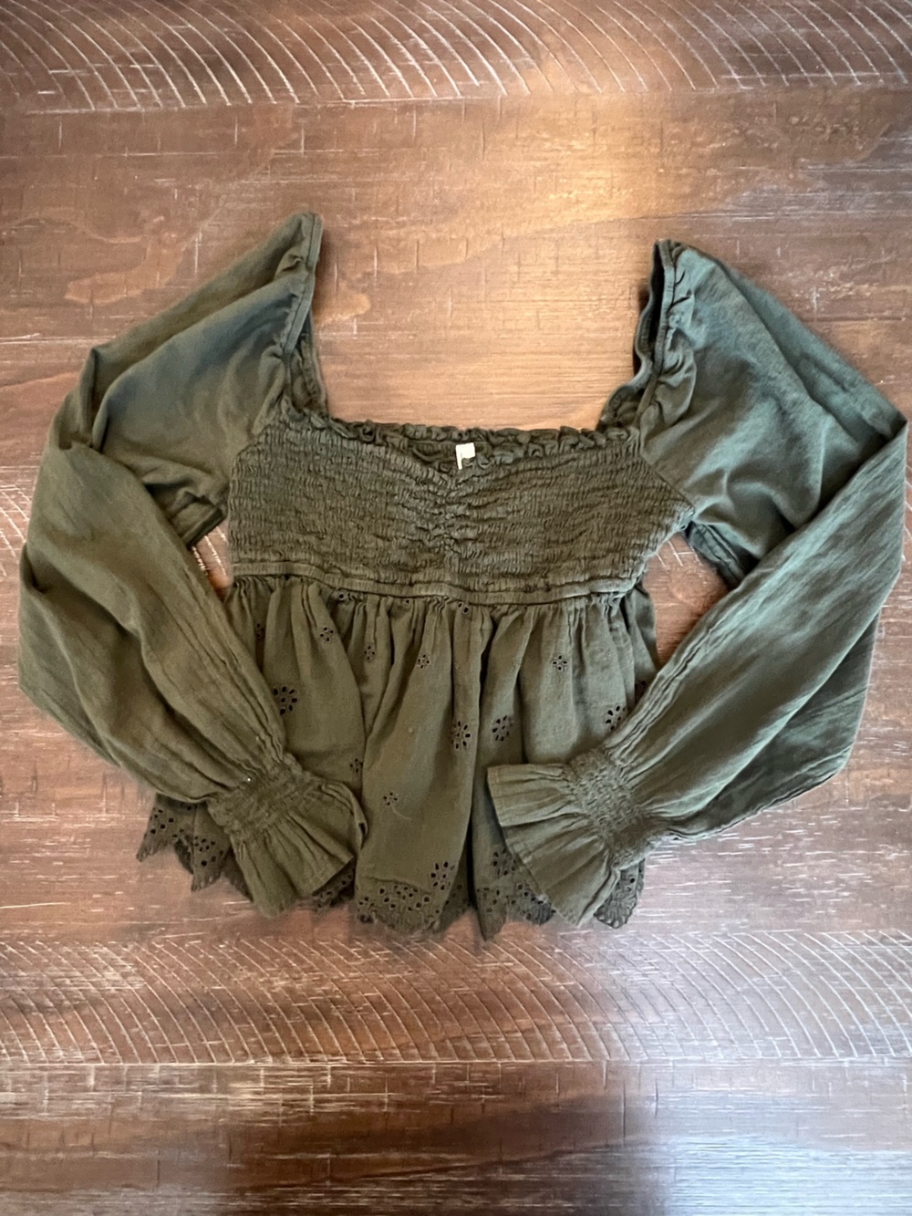 American Eagle Outfitters Olive Green Smocked Eyelet Babydoll Top